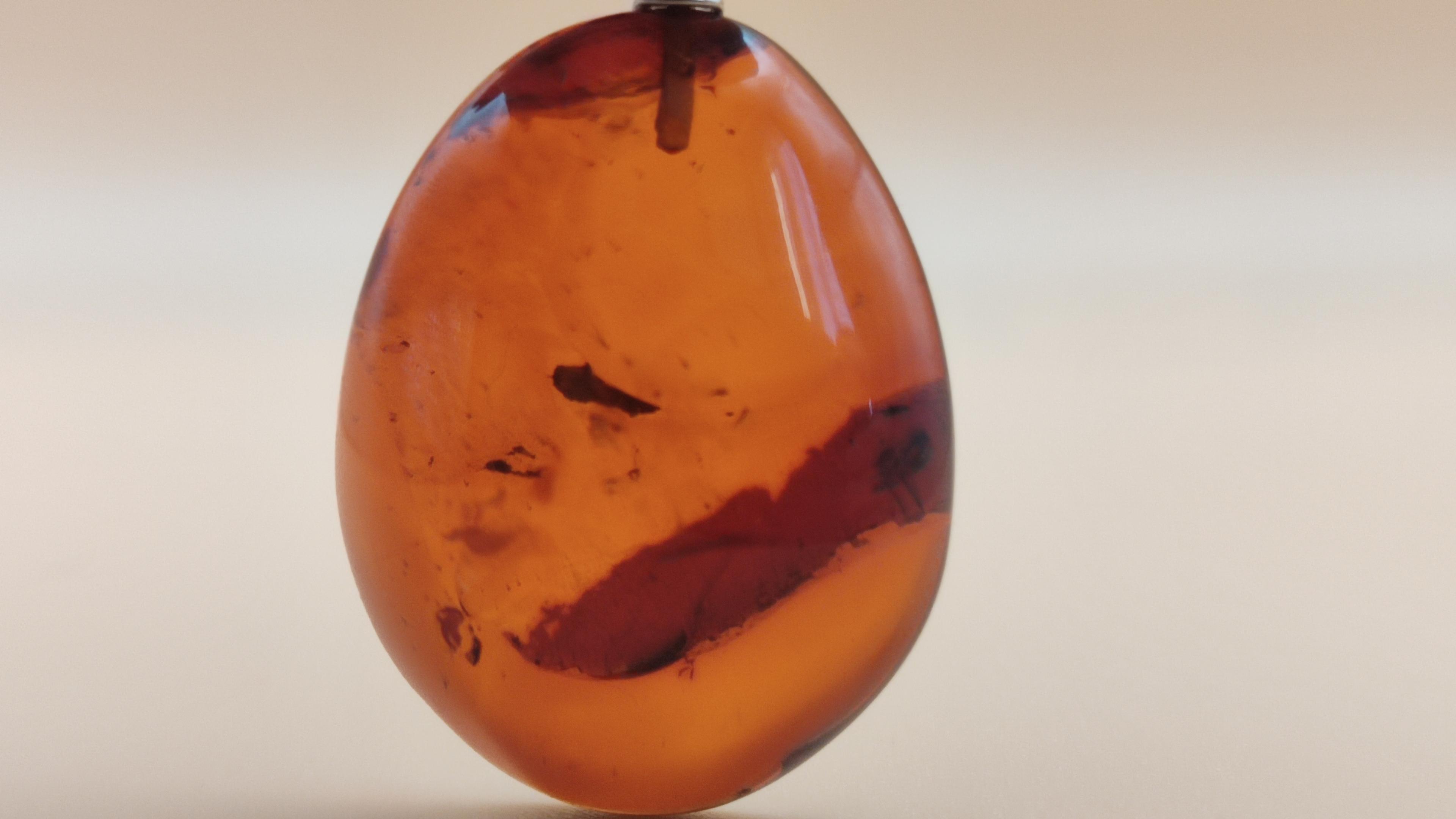 Wisiorek z bursztynu bałtyckiego z pęknięciem poślizgowym z tyłu